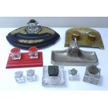 Collection of standish inkstands and glass inkwells including brass, leatherette, white metal and