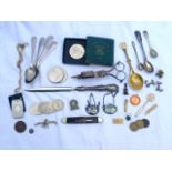 Assortment of coins, spoons, cigar cutter, paper knife, penknife, badges, jewellery, wick trimmer