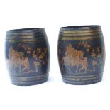 Pair of lacquer wood barrels, decorated with a nobleman on a horse led by a boy, vine leaf