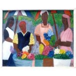 Oil on board of four African women with umbrellas and flowers, signed FK, 56x70cm, white painted