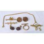 Collection of gold marked jewellery comprising a pair of 14ct earrings 5.7g, 9ct bar with hoop 3.4g,