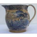 Early 19th century Devon pottery harvest jug, probably a marriage jug, profusely decorated in blue