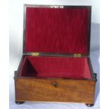 Victorian mahogany work box with crossbanded lid and key, the interior red velvet lined, brass