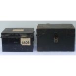 Black painted twin handled wooden trunk with iron hinges, green felt lined interior, 50cm wide,