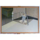 Acrylic painting depicting a young boy holding a banister while watched by a girl, 60x88cm, chalk