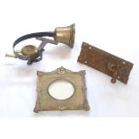 Victorian spring-loaded brass door knocker, diamond mark for 1875, brass door bell on coil spring