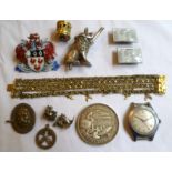 Collection of items including International Fisheries Exhibition 1883 medal, Incabloc watch, pair of