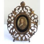 19th century oval portrait on ivory of Samuel Pepys, 9x7cm, set into a gilt metal openwork foliate