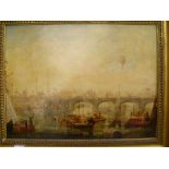 Oil on board of the opening of London Bridge August 1831, 45x60cm, description verso, gilt framed