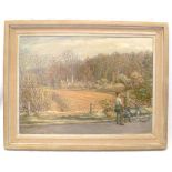 Oil on board of rural scene with bicycle and two figures in the foreground, label verso for MJ