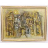 Gerdi Jacobs [Norway 1909-2001], buildings and faces, mixed media on wood board, signed and dated '