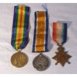 Trio of WW1 medals and ribbons awarded to TS-736 A. Corporal E E Austen A.S.C comprising 1914-