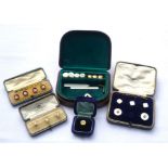 Collection of shirt and collar studs in presentation cases including gold and mother of pearl