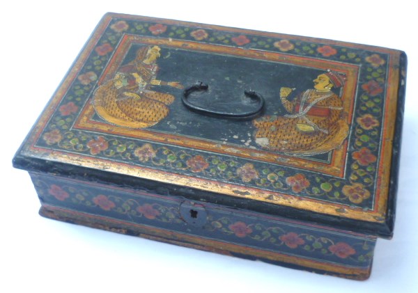 Hand painted Indian wooden jewellery box, the lid decorated with seated nobleman and woman, floral