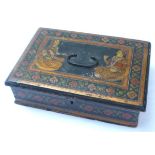 Hand painted Indian wooden jewellery box, the lid decorated with seated nobleman and woman, floral