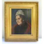 Victorian oil on board of a lady wearing a white bonnet, 45x34cm, gilt framed