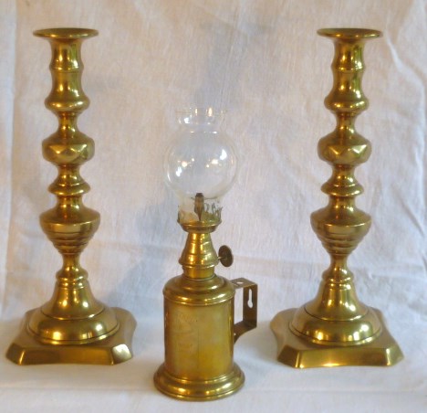 19th century pair of brass candlesticks, 30cm high, together with a French Gaudard Lampe Feutree
