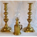 19th century pair of brass candlesticks, 30cm high, together with a French Gaudard Lampe Feutree