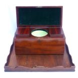Large rectangular tea caddy box with two internal lift-out compartments and porcelain mixing bowl,