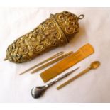 George III period gilt metal embossed etui / chatelaine containing assorted implements, the