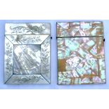 Two Victorian mother of pearl card cases with hinged tops, one with diamond shape inlay, the other