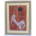 Painting of two white figures in outline against an orange background, signed and dated 1958, framed