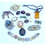 Assortment of brooches, earrings, bracelet and pendants including encrusted elephant and cameo