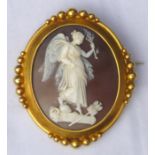 Shell cameo brooch depicting an angel holding a sprig and standing on a Roman centurion helmet and