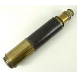 A leather covered three drawer section brass telescope, M. Aronsberg, Liverpool, 80cm extended.