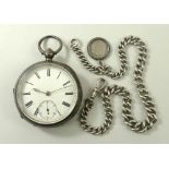 A silver verse pocket watch, a silver Albert chain,