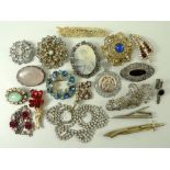 A collection of costume jewellery comprising fourteen brooches set with coloured and paste stones,