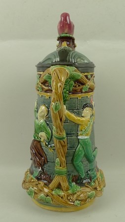 A Minton Majolica Jester tower jug, with moulded dancing figures, - Image 3 of 6