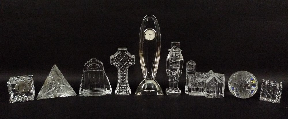 A collection of Waterford glass figurines, 20th century, comprising John Rocha designed clock, 23cm,