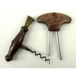 A Georgian corkscrew with turned handle and badgers hair brush,