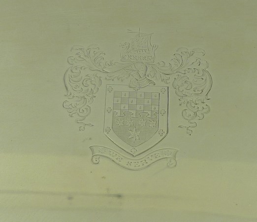 An Edwardian silver tray, rectangular with incuse corners, engraved crest of 'Wandsworth' family, - Image 2 of 5
