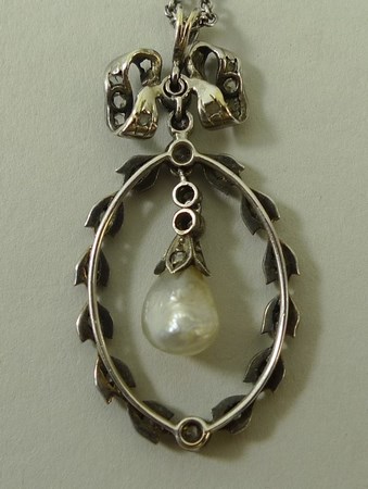 A Victorian baroque pearl and diamond set trembleuse pendant necklace, on a silver chain, 44cm, - Image 3 of 4