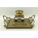 A brass inkstand with square glass inkwell, early 20th century,