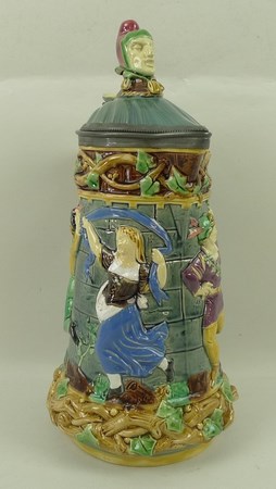 A Minton Majolica Jester tower jug, with moulded dancing figures, - Image 2 of 6