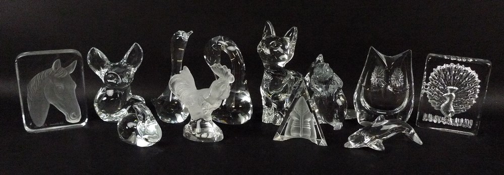 A collection of 20th century Daum, France, clear and frosted glass figurines, comprising swan, 14cm,