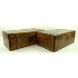 A pair of walnut writing slopes decorated with Tunbridgeware bands and cartouches,