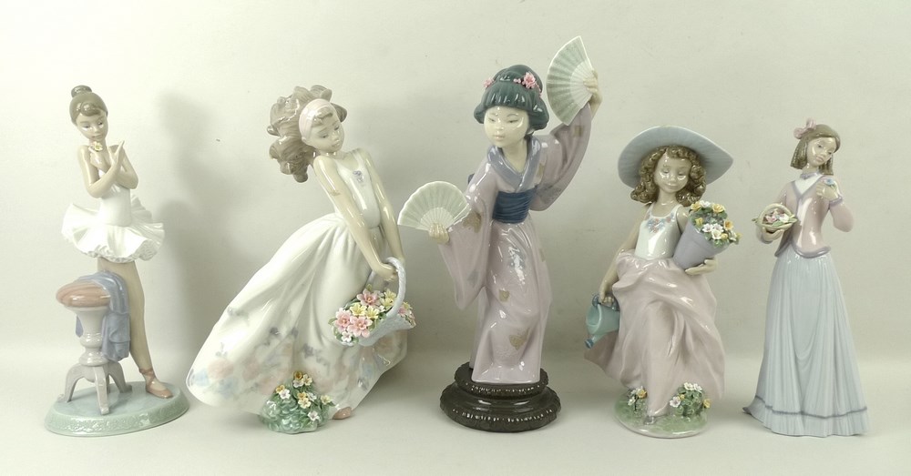 A group of Lladro figurines, comprising Japanese with Fan, 4991, 30cm, A Wish Come True, 7676, 24cm,