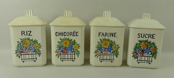 A set of four F Fleure ceramic square form storage jars, labelled 'Sucre', 'Chicoree', 'Farine', - Image 3 of 5