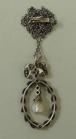 A Victorian baroque pearl and diamond set trembleuse pendant necklace, on a silver chain, 44cm, - Image 4 of 4