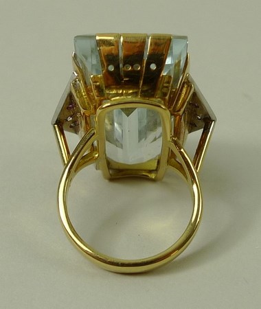 An 18ct gold Art Deco French designer dress ring, the central pale blue untreated topaz 15 by 30mm, - Image 3 of 4