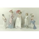 A group of Lladro figurines, comprising Parisian Lady, 5321, 27cm, Afternoon Promenade, 7636, 26.