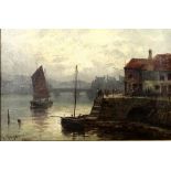 Adam Knight (British, 1855-1931): a study of sailing boats coming into harbour in the evening light,
