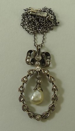 A Victorian baroque pearl and diamond set trembleuse pendant necklace, on a silver chain, 44cm, - Image 2 of 4