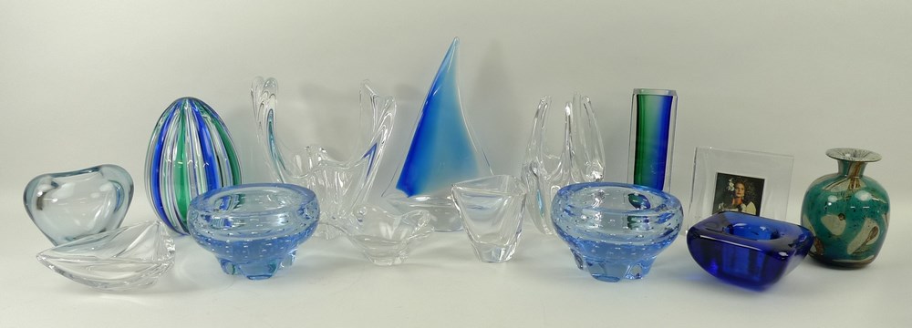 A collection of Continental art glass ornaments, vases and bowls, 20th century,