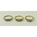 An 18ct gold, diamond and emerald five stone ring, size N,