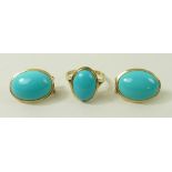 A vintage pair of 18ct gold and turquoise earrings and matching ring,